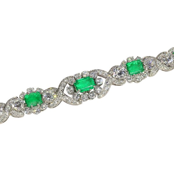 Vintage 1950s Colombian Emerald and Diamond Bracelet in White Gold