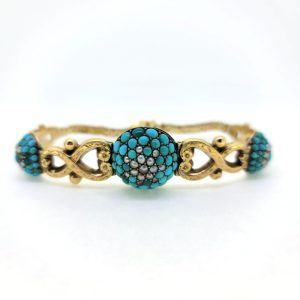 Antique Turquoise and Pearl Cluster Gold Bracelet