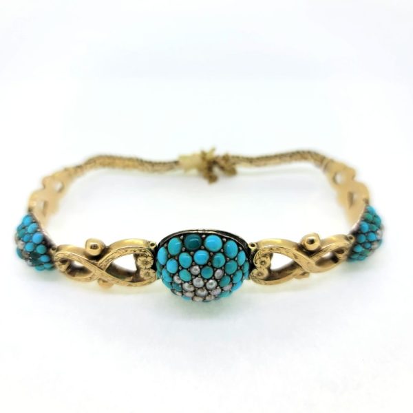 Antique Turquoise and Pearl Cluster Gold Scroll Link Bracelet