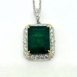 9.41ct Emerald Cut Emerald and Diamond Cluster Pendant