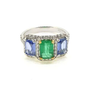 Emerald Sapphire and Diamond Trilogy Cluster Ring