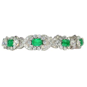 Vintage 1950s Colombian Emerald and Diamond Bracelet in White Gold