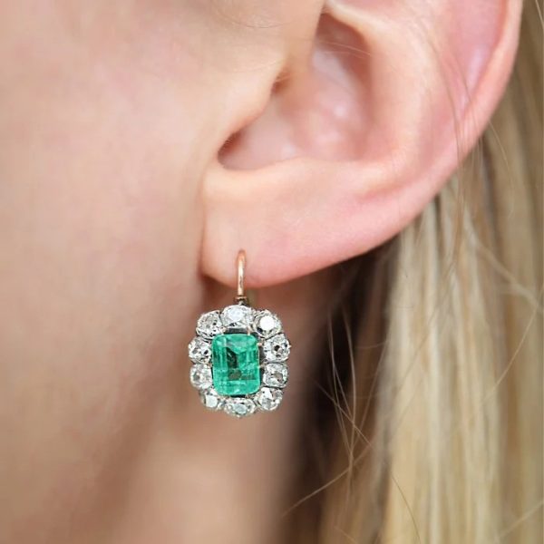 Antique GIA Certified 2.94ct Colombian Emerald and 3.28ct Old Mine Cut Diamond Cluster Drop Earrings