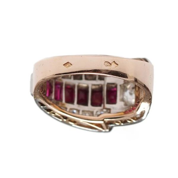 Art Deco French Ruby and Old Cut Diamond Buckle Ring by A.F. Souteyrand