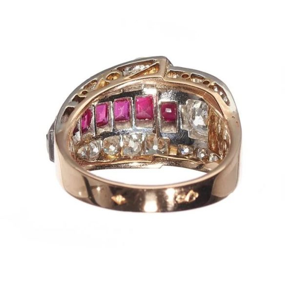 Art Deco French Ruby and Old Cut Diamond Buckle Ring by A.F. Souteyrand