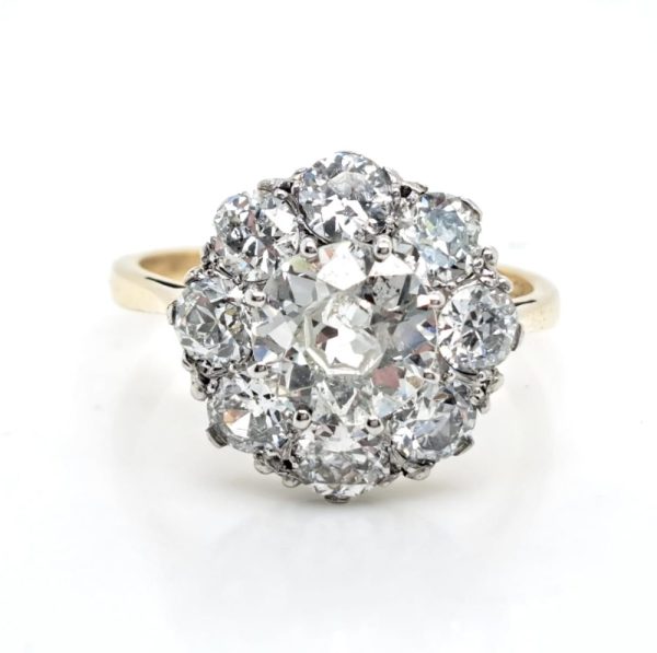 Diamond Cluster Ring vintage 3 carats yellow gold round daisy