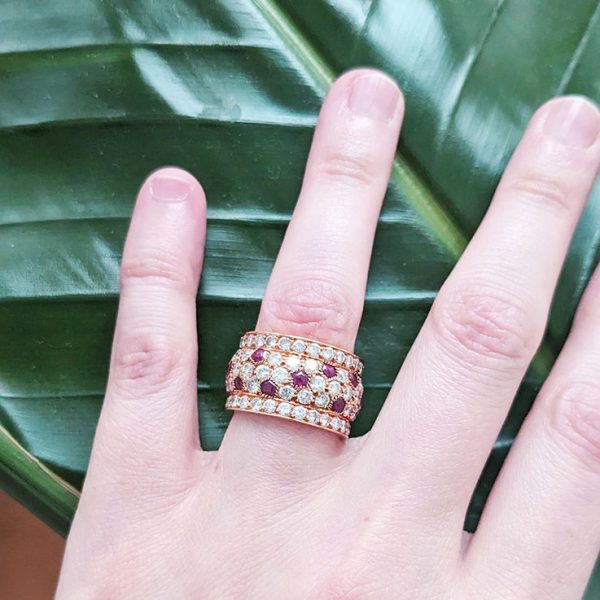 Vintage Cartier Diamond and Ruby Full Eternity Wide Band Ring in yellow gold, Signed and numbered