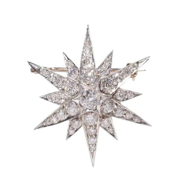 Victorian Antique 2.40ct Old Cut Diamond Star Brooch, late 19th century diamond twelve point star set with 2.40 carats of old-cut diamonds in silver-upon-gold, Circa 1890