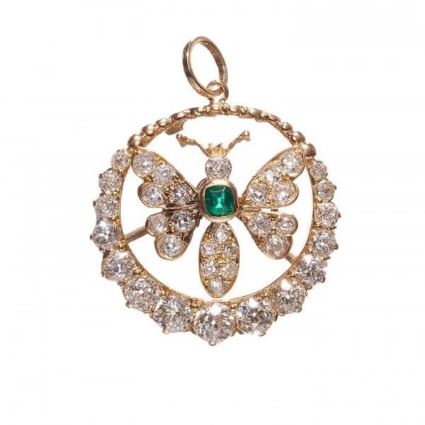 Victorian Antique Emerald and 3ct Old Cut Diamond Butterfly Crescent Pendant