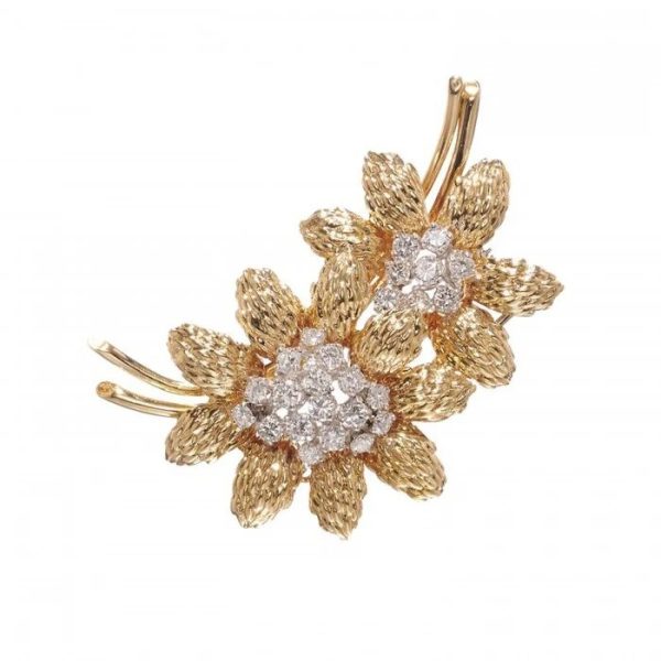 Vintage Van Cleef and Arpels Diamond and Gold Flower Brooch Earrings Suite Circa 1960