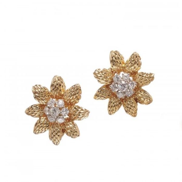 Vintage Van Cleef and Arpels Diamond and Gold Flower Brooch Earrings Suite Circa 1960