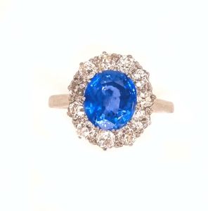 Vintage Art Deco 3 Carat Ceylon Sapphire and Old Cut Diamond Cluster Engagement Ring