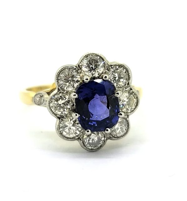 Sapphire and diamond cluster ring, engagement ring, flower daisy yellow gold 2 carat sapphire