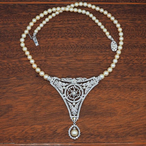 Vintage 7ct Diamond Panel Pendant and Pearl Necklace