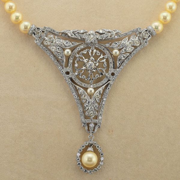 Vintage 7ct Diamond Panel Pendant and Pearl Necklace