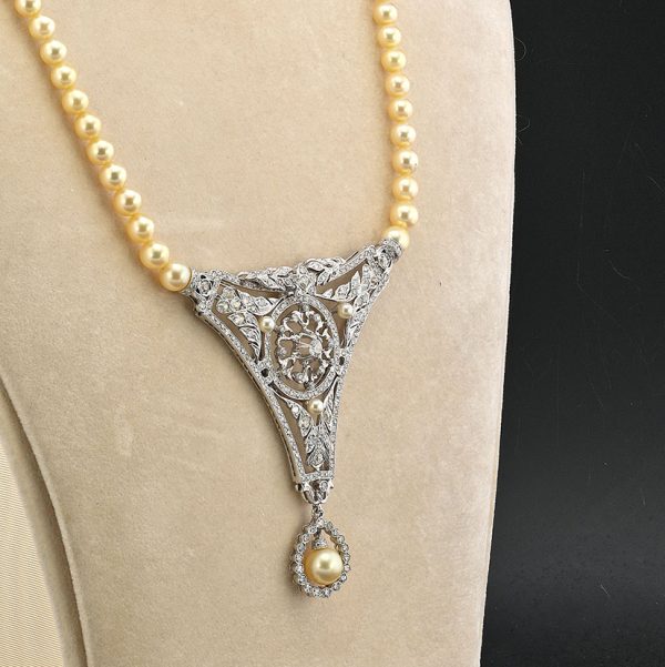 Vintage 7ct Old European Cut Diamond Panel Pendant and Pearl Necklace