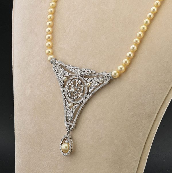 Vintage 7ct Old European Cut Diamond Panel Pendant and Pearl Necklace