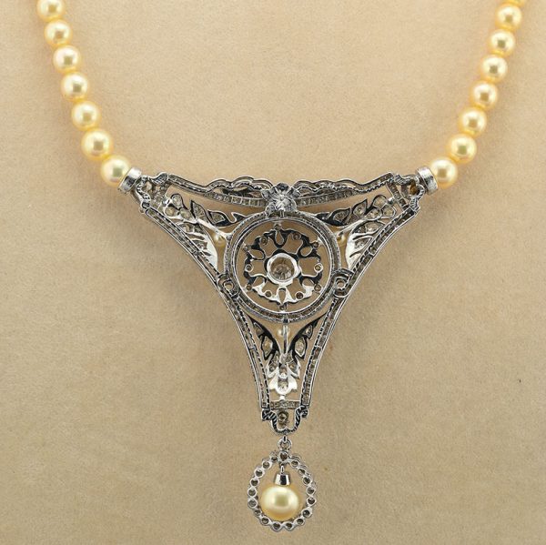 Vintage 7ct Old European Cut Diamond Panel Pendant and Pearl Necklace