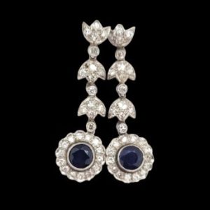 Art Deco Sapphire and Diamond Floral Cluster Drop Earrings