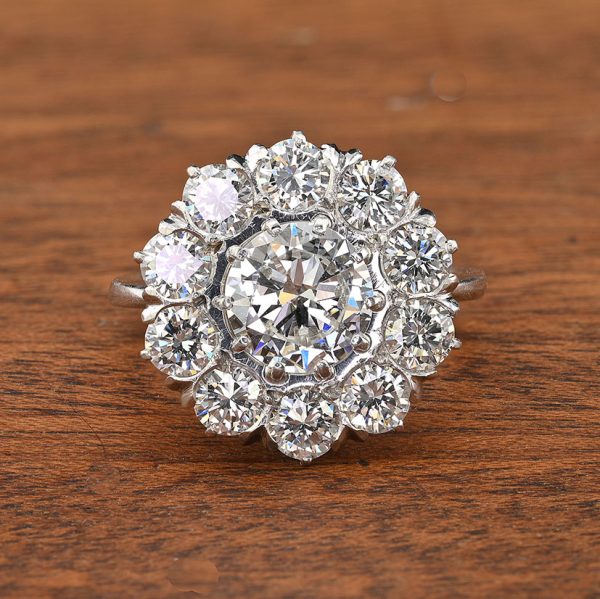 Late Art Deco Certified D VS 1.35ct Diamond Daisy Cluster Engagement Ring in Platinum, 3.19 carat total