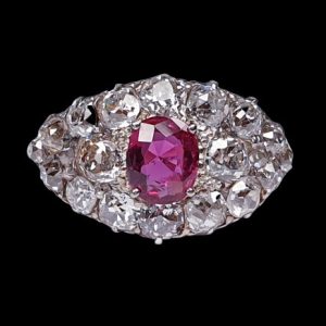 Victorian Antique Siamese Ruby and Old Cut Diamond Cluster Ring