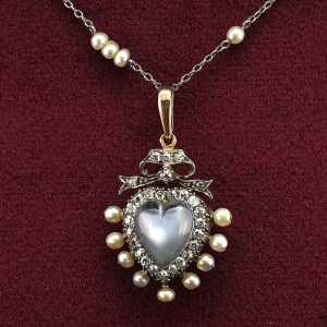 Victorian Antique Carved Moonstone Heart Diamond and Pearl Pendant
