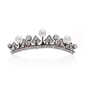 Victorian Old European Cut Diamond And Pearl Tiara Brooch In Gold And Silver
