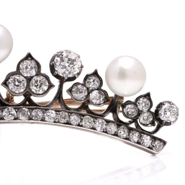Diamond and pearl tiara brooch in rose gold and silver.