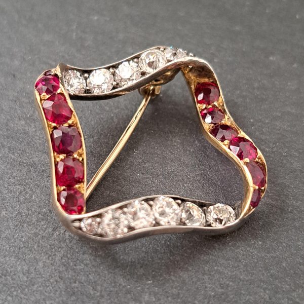 Late Victorian Antique Burma Ruby and Old Cut Diamond Ribbon Brooch in 15ct Gold