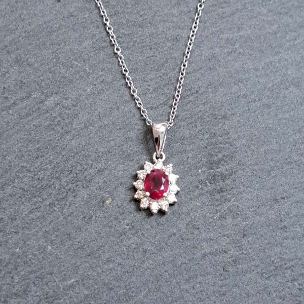0.62ct Oval Ruby and Diamond Cluster Pendant with Chain