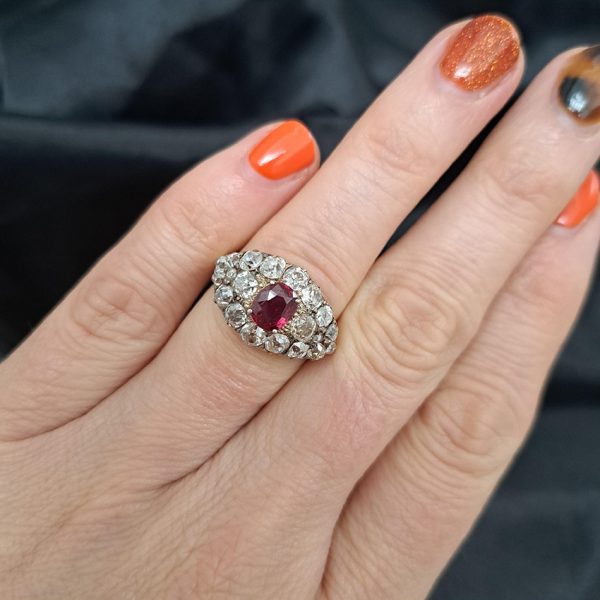 Victorian Antique Siamese Ruby and Old Cut Diamond Cluster Ring