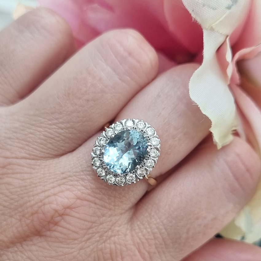 3.50ct Aquamarine and Diamond Oval Cluster Engagement Ring