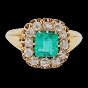 Victorian Antique Colombian Emerald and Diamond Cluster Ring
