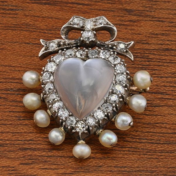 Victorian Antique Carved 3ct Moonstone Heart 1.40ct Old Mine Cut Diamond and Natural Pearl Pendant come Brooch