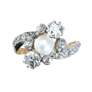 Antique Natural Pearl and Diamond Three Stone Crossover Ring