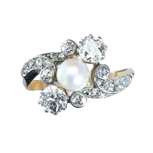 Antique Natural Pearl and Old Cut Diamond Three Stone Crossover Ring