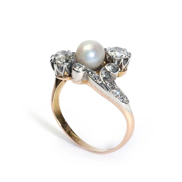 Antique Natural Pearl and Old Cut Diamond Three Stone Crossover Ring