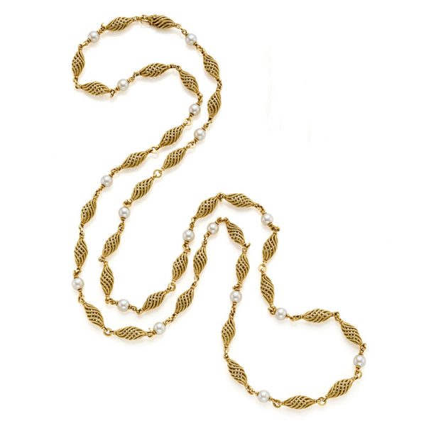 Vintage Italian Weingrill Pearl and Gold Spiral Long Chain Necklace, 18ct yellow gold cord spiral links are inter-spaced by lustrous saltwater pearls