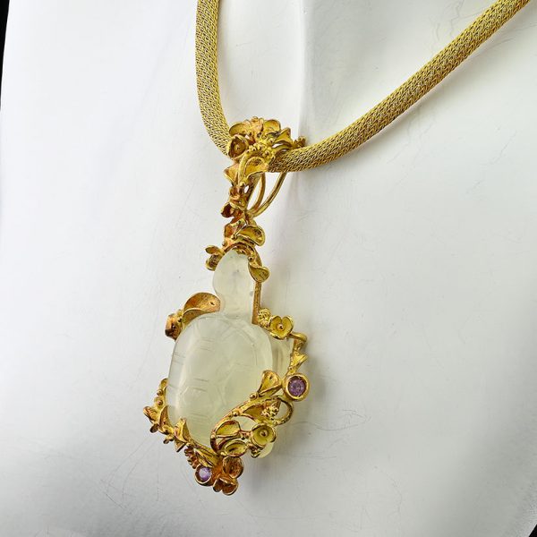 Antique Carved Hardstone Turtle and Gold Pendant on Yellow Gold Rope Snake Chain Necklace