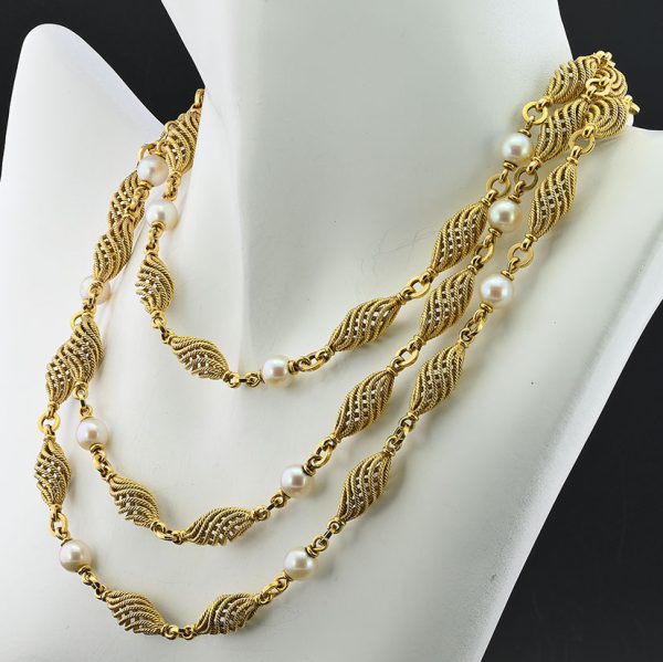 Vintage Italian Weingrill Pearl and Gold Cord Spiral Long Chain Necklace
