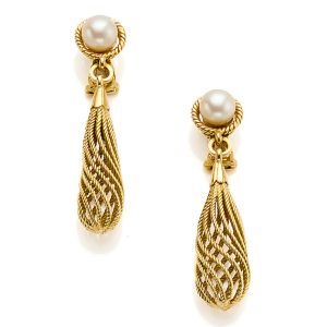Vintage Weingrill Pearl and Gold Cord Spiral Drop Earrings