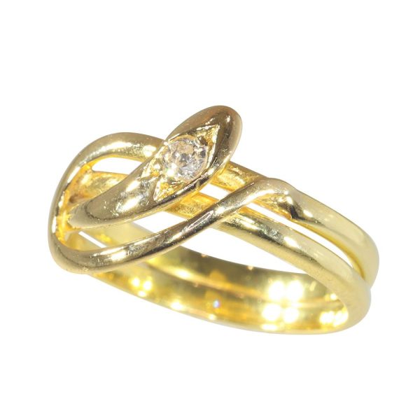 Late Victorian Antique Old Cut Diamond Set 18ct Yellow Gold Snake Ring, Circa 1900
