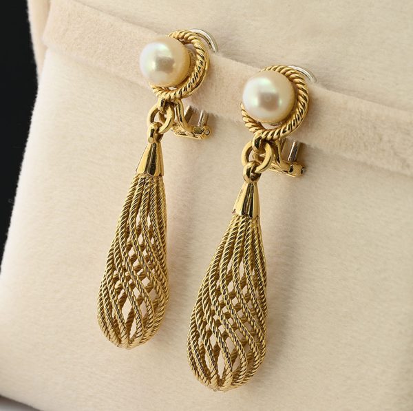 Vintage Weingrill Pearl and Gold Cord Spiral Torpedo Drop Earrings