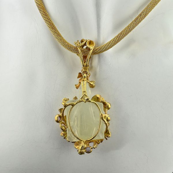 Antique Carved Hardstone Turtle and Gold Pendant on Yellow Gold Rope Snake Chain Necklace