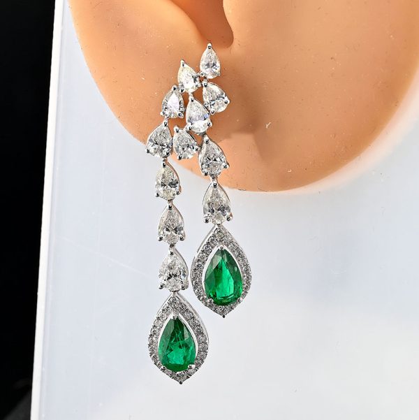 Pear Cut 2.92ct Emerald and 5ct Diamond Drop Earrings