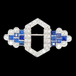 Art Deco 1.36ct Sapphire and 1.20ct Old European and Single Cut Diamond Panel Brooch in Platinum