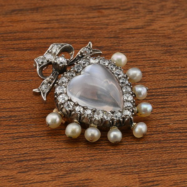 Victorian Antique Carved 3ct Moonstone Heart 1.40ct Old Mine Cut Diamond and Natural Pearl Pendant come Brooch