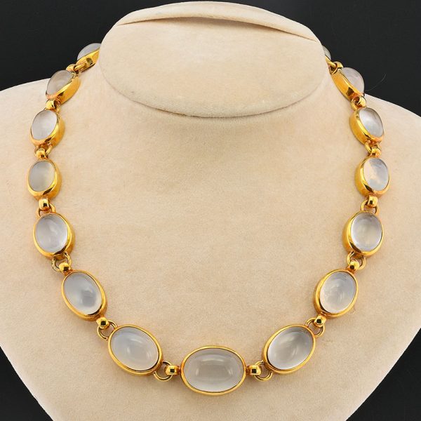 Vintage 1940s Retro 132ct Natural Moonstone Collar Riviere Necklace in 18ct Yellow Gold