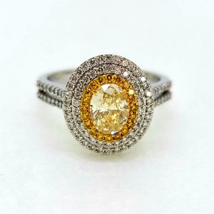 Contemporary 1.76ct Fancy Yellow Diamond Double Cluster Ring