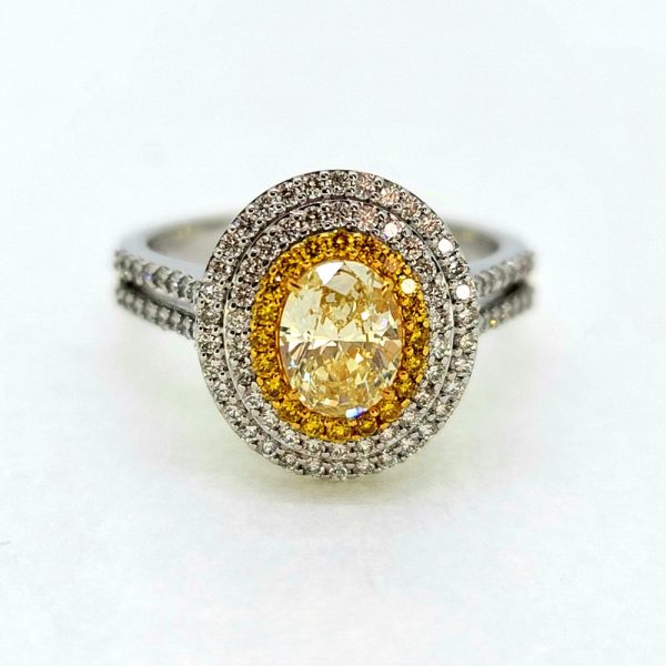Contemporary 1.76ct Fancy Yellow Diamond Double Cluster Halo Engagement Ring